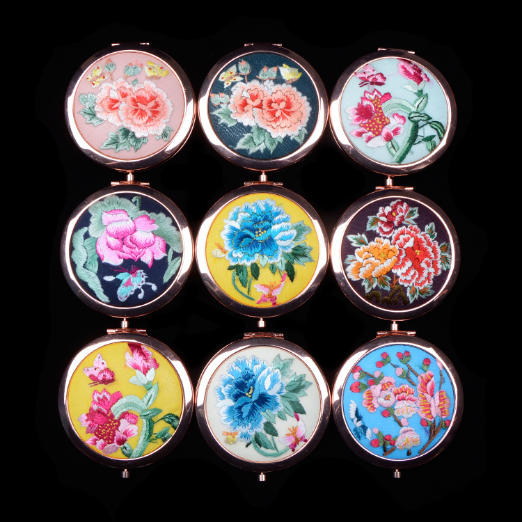 陕西化妆随身镜精品出国送礼刺绣中国风古风摄影 手绣镜子